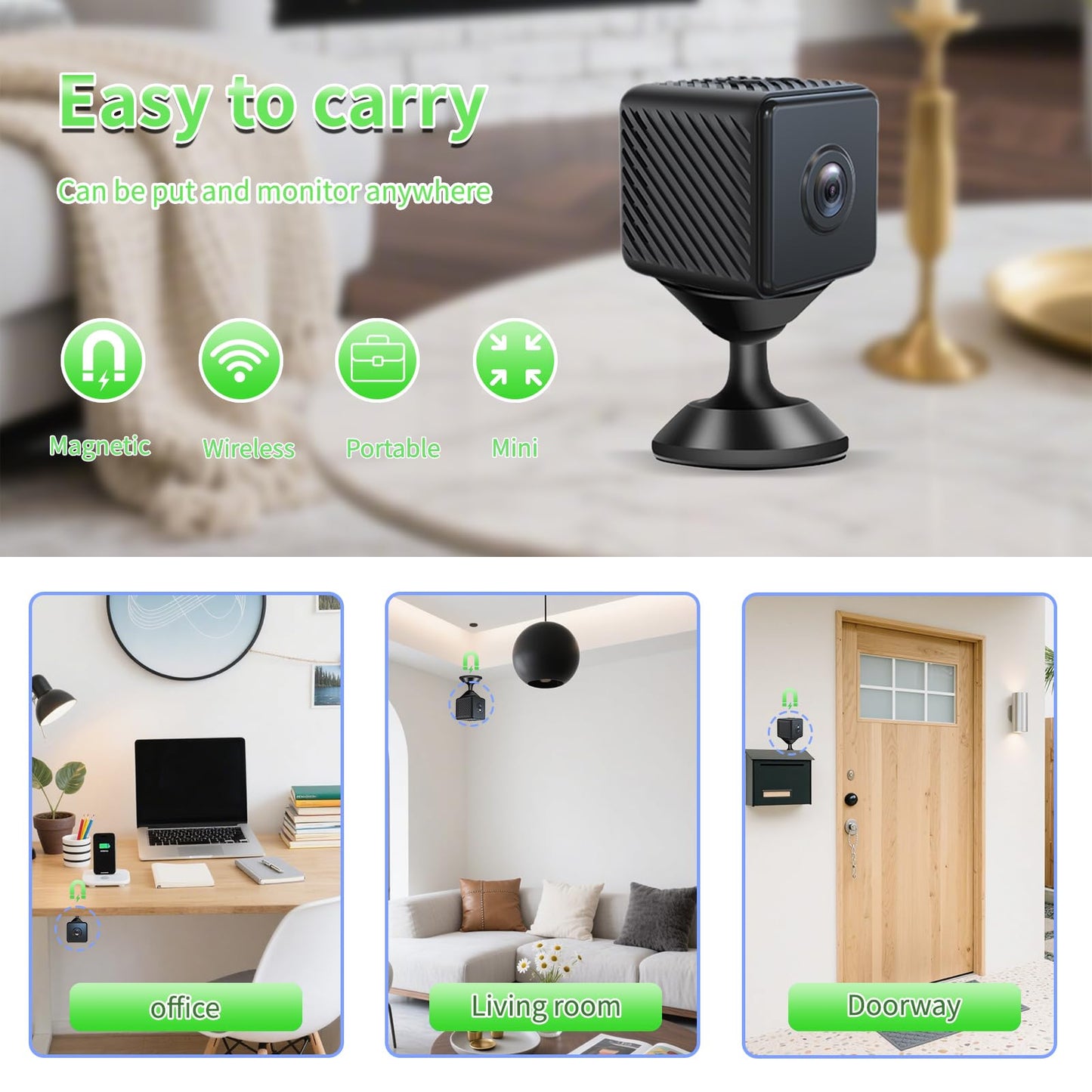Mini Wireless Camera Home Security cámaras Indoor/Outdoor Cam 1080P HD Small Smart WiFi House Cameras Micro House Nanny Cams Battery-Powered with Clear Night Vision and Motion Detection Baby Monitor