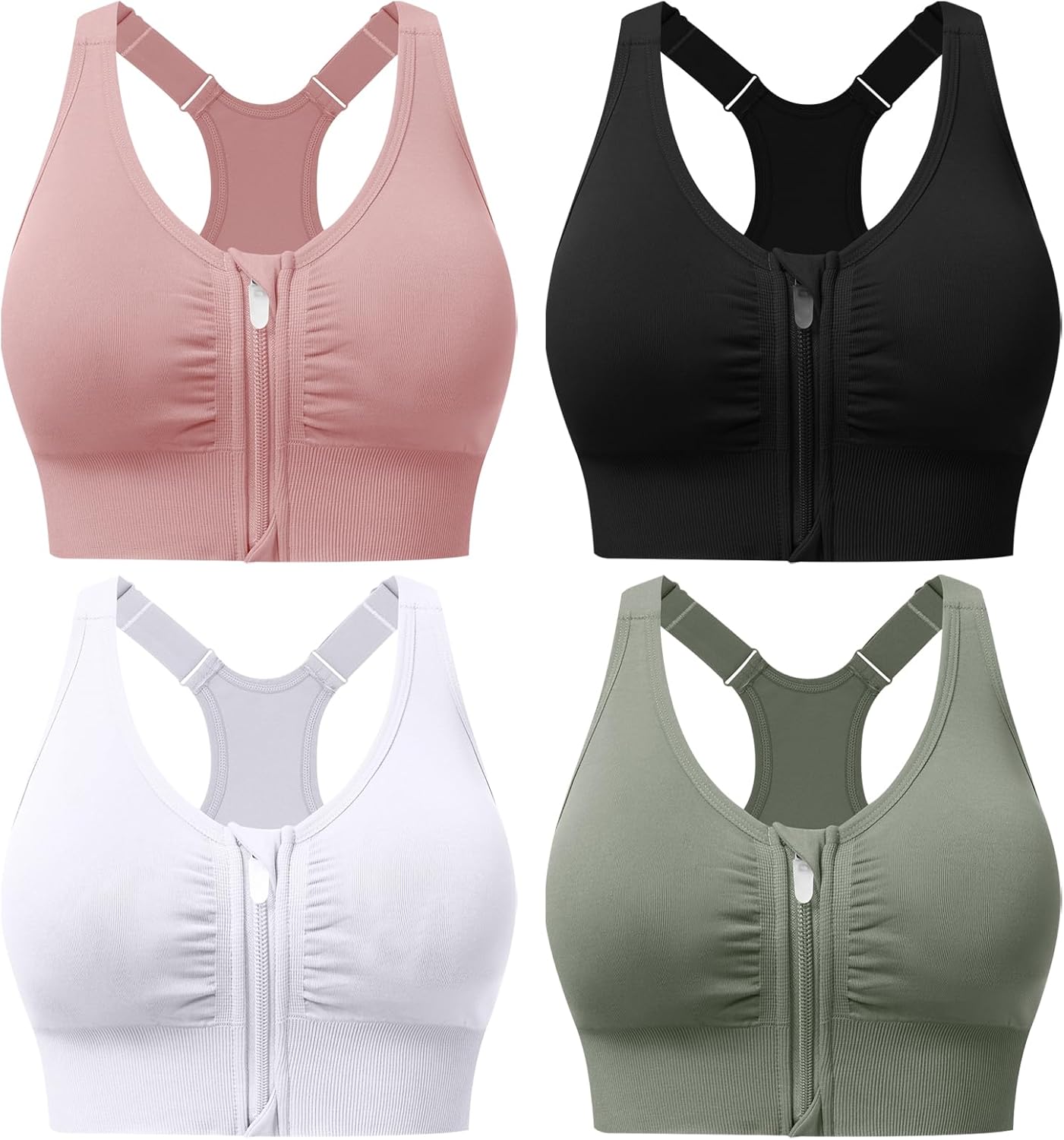 Skiennix Zip Front Sports Bra - Adjustable Racerback Design for Medium Support | Padded & Seamless Yoga Bra