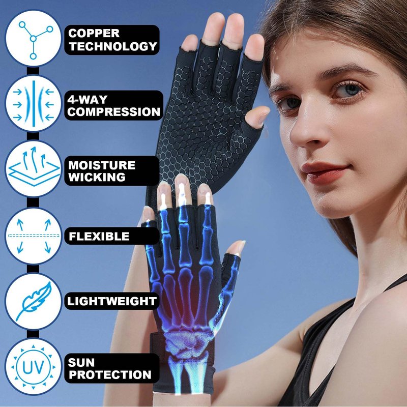 2 Pairs Copper Arthritis Gloves for Women Men, Compression Gloves with Adjust Strap for Arthritis, Wrist Support, Hand Pain, Fingerless Computer Typing Gloves for Carpal Tunnel, RSI (Small/Medium)