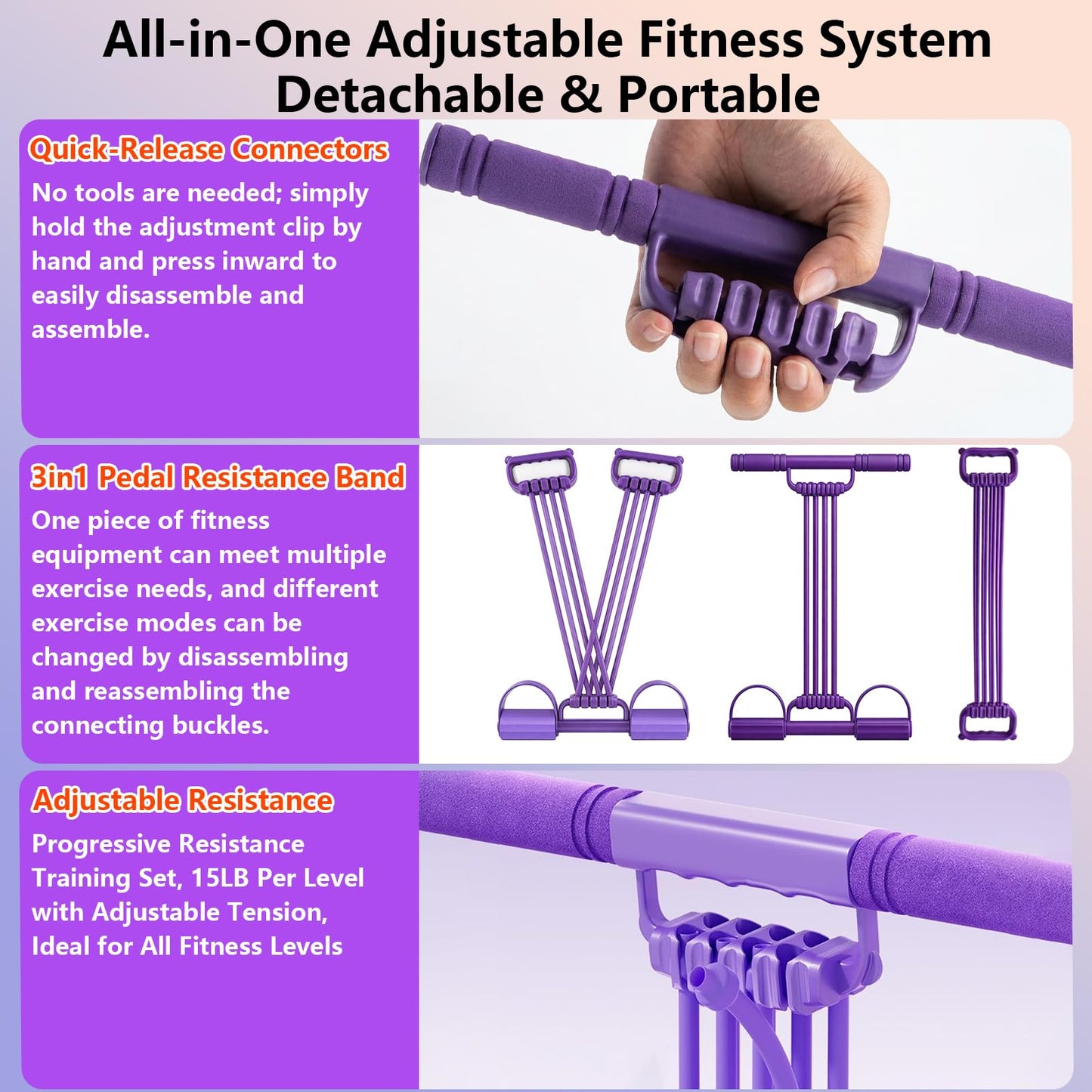 3 in 1 Adjustable Pedal Resistance Band, 8-Tube Multifunction Tension Rope, Natural Latex sit-up Trainer Resistance Band Suitable for Fat Loss and Full-Body Shaping Workout
