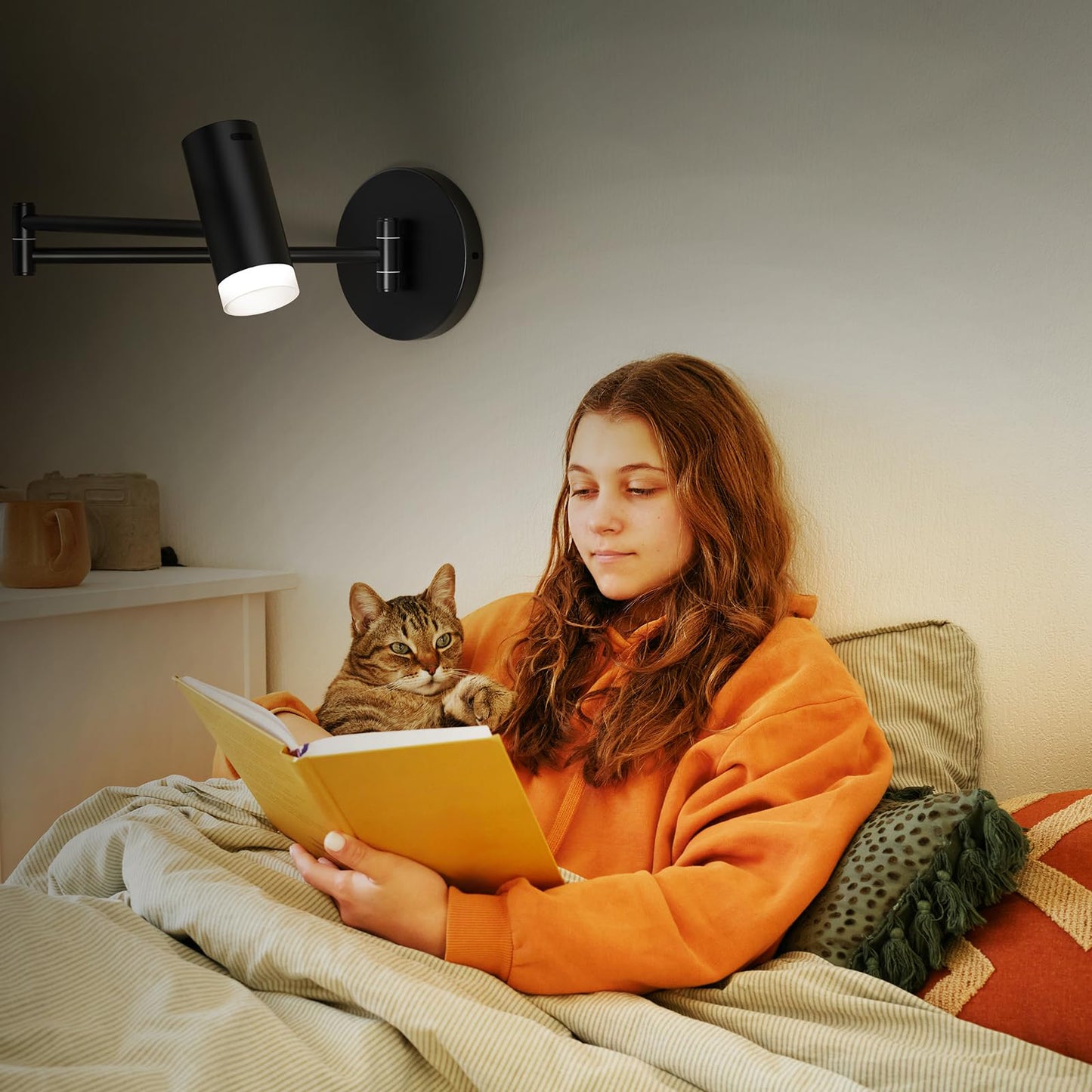 Afyuol Battery Operated Wall Sconces Set of 2, Swing Arm Wall Lamp with Remote Control, Not Hardwired Led Wall Lamp Fixtures Dimmable Wall Light Decor for Bedroom Reading Living Room