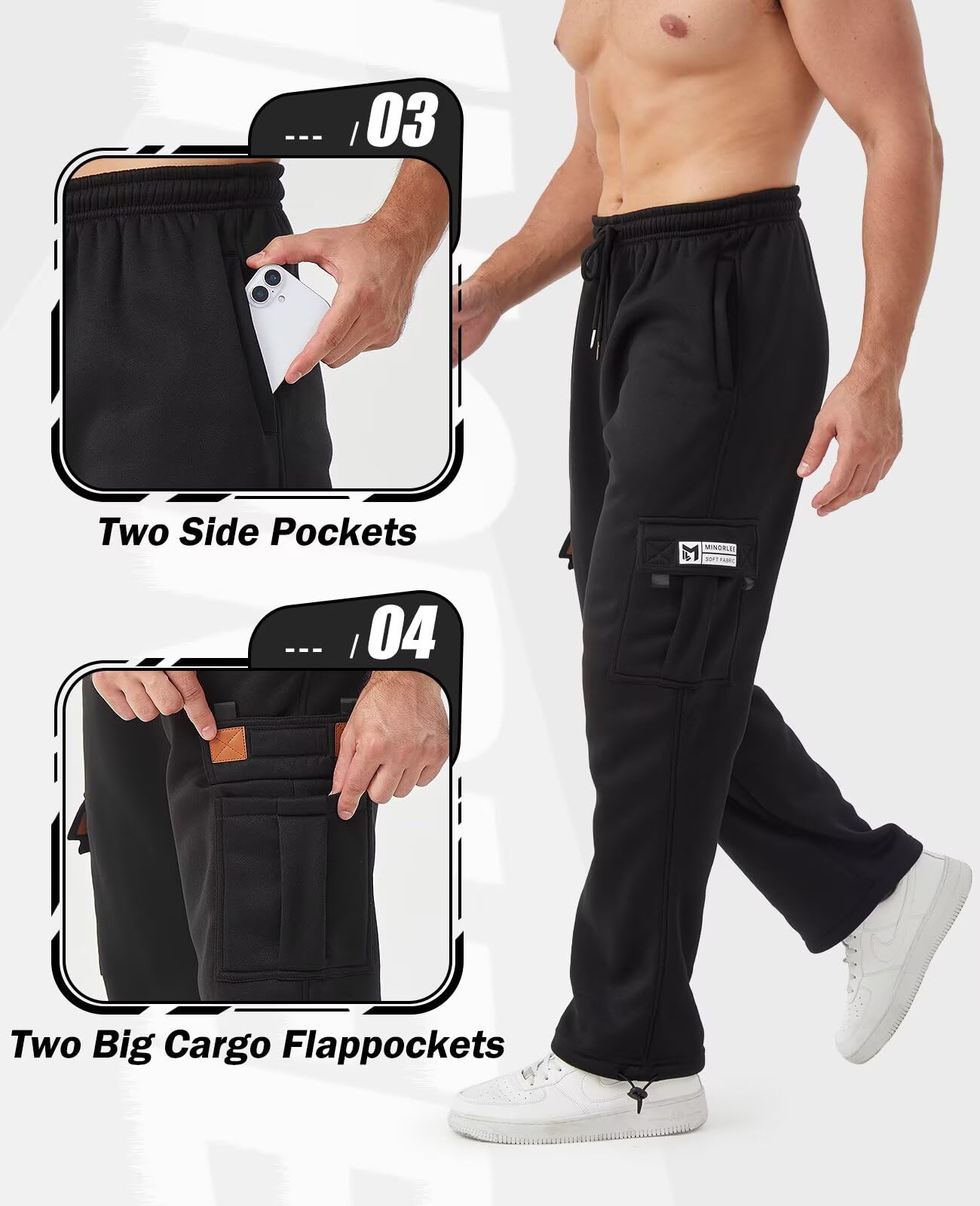 Minorlee Cargo Pants for Men 3 Pack Relaxed Fit Mens Joggers with Pockets,Fleece Hiking Tactical Workout Pants Casual