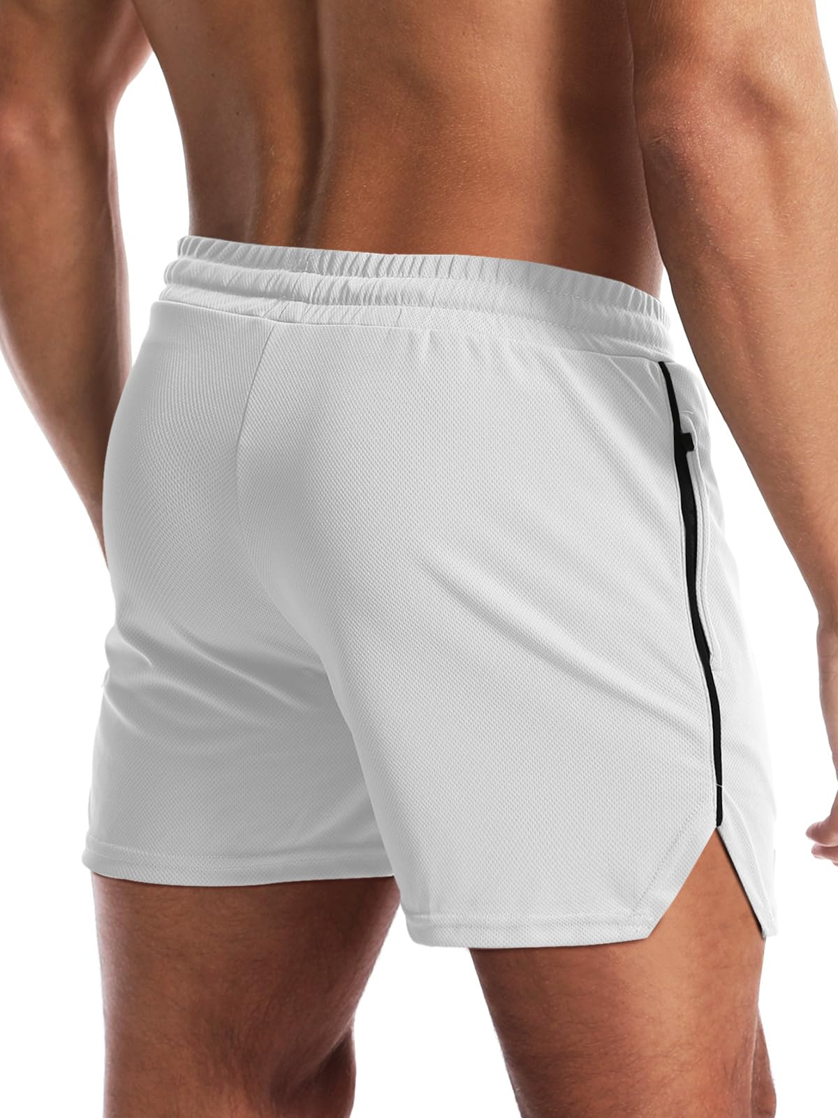 Aolesy Mens Workout Shorts with Zipper Pocket 5 Inch Lightweight Gym Running Shorts Linerless Bodybuilding Training Athletic Shorts White