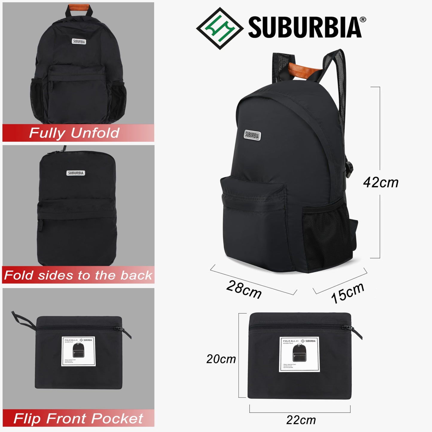 SUBURBIA Travel Backpack for Women Men - Lightweight Foldable Backpack, 18L Small Packable Hiking Backpack, Water Resistant Daypack for Camping, Weenkend, Casual, Dark Grey