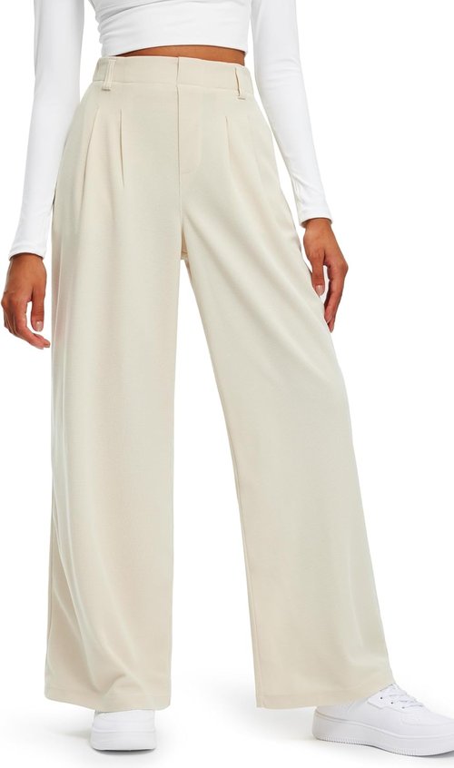 Libin Women's Wide Leg Pants - 29" High Waisted Waffle Knit Casual Trousers with Pockets | Beige, Medium