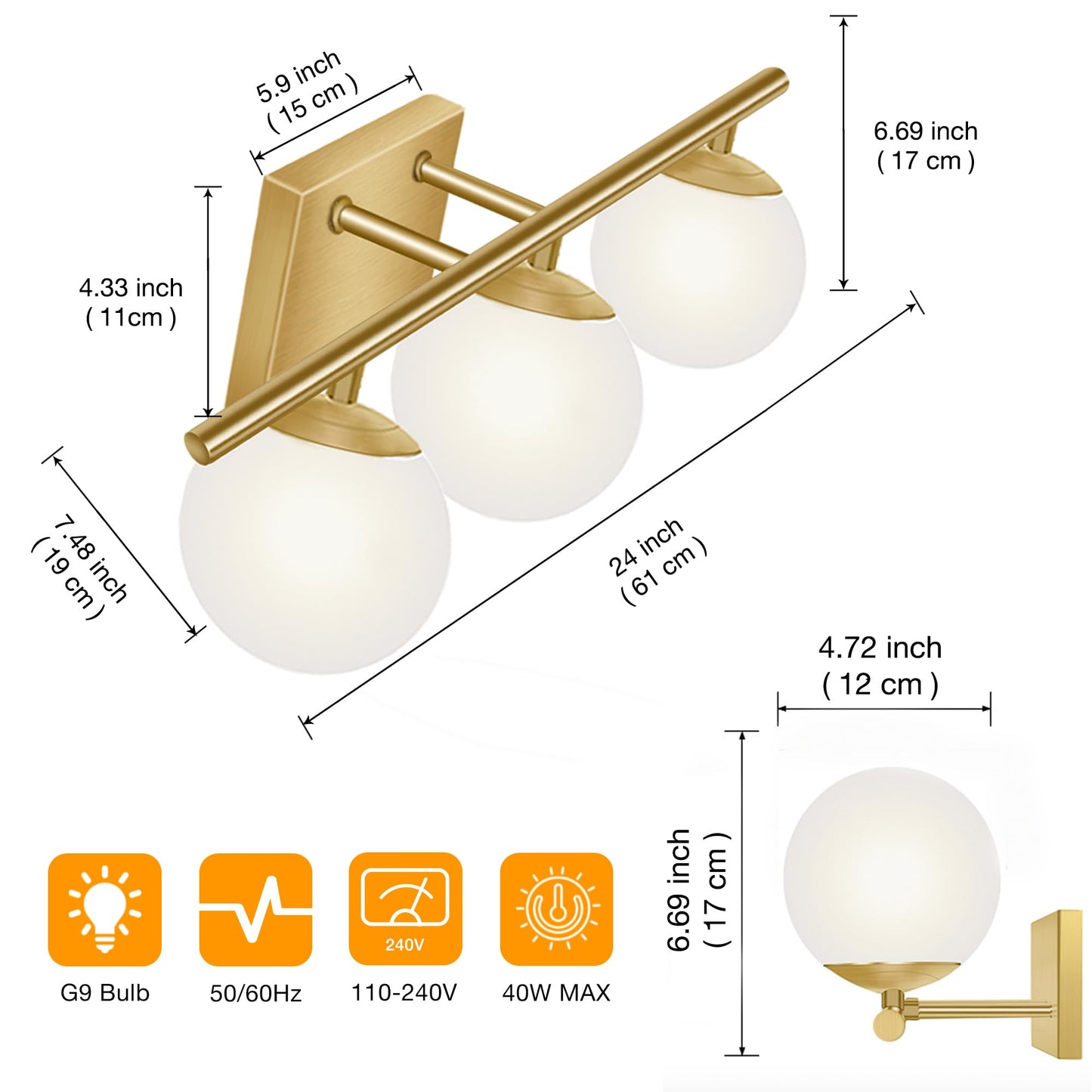 YHTlaeh New Bathroom Vanity Light 3 Lights Fixtures Brushed Brass Milk White Globe Glass Shade Modern Wall Bar Sconce Over Mirror (Exclude G9 Bulb)