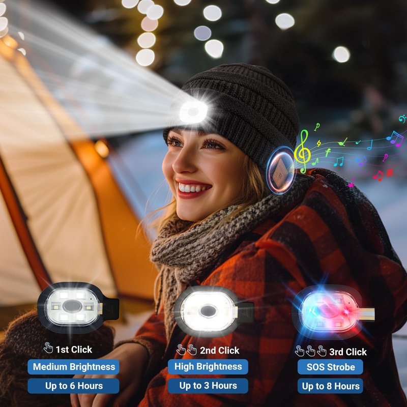 Rotibox Bluetooth Beanie Hat with Light, Music Knit Hat with Headphones for Outdoor Sports,Gifts for Men, Stocking Stuffers for Men
