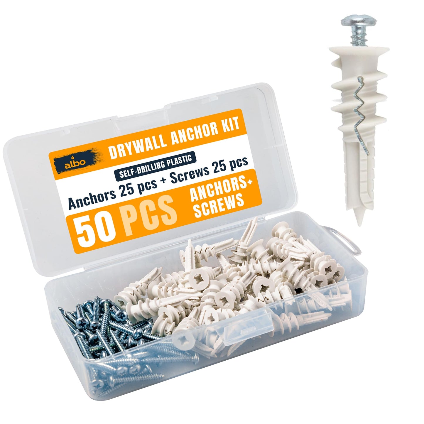 ALBO Self Drilling Drywall Anchor Set Hollow Wall with Screws 50 pcs. (White Anchor 25pcs + Screws 25pcs) Plastic E-Z Ancor Kit