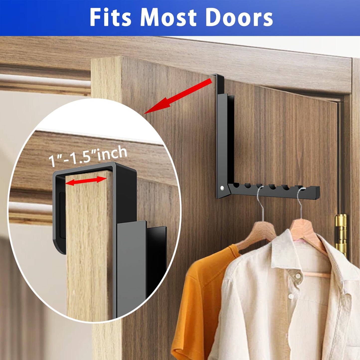 1 Pcs Black Folding Over Door Clothes Drying Laundry Rack Hooks - 6 Groves, Hanger for Clothes & Towels, Bedroom & Bathroom