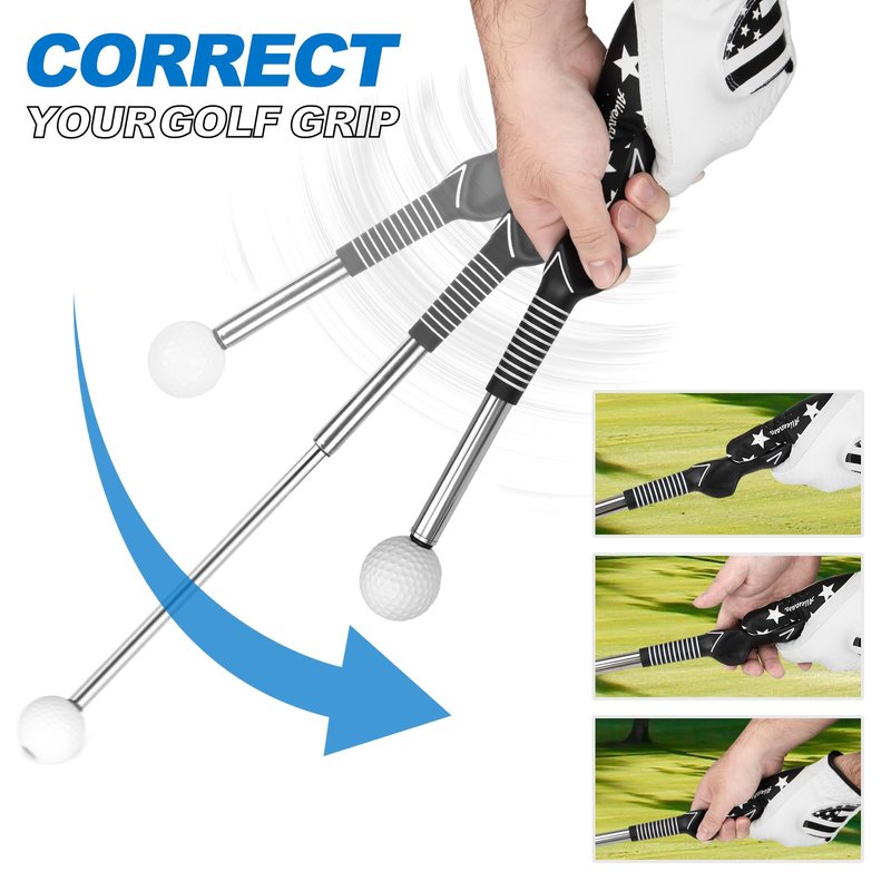 5-in-1 Retractable Golf Swing Training Aid, Indoor & Outdoor Practice Golf Swing Trainer with Arm Band Right/Left-Handed Swing Mechanics for Beginners & Tempo Training for Advanced, Click Feedback