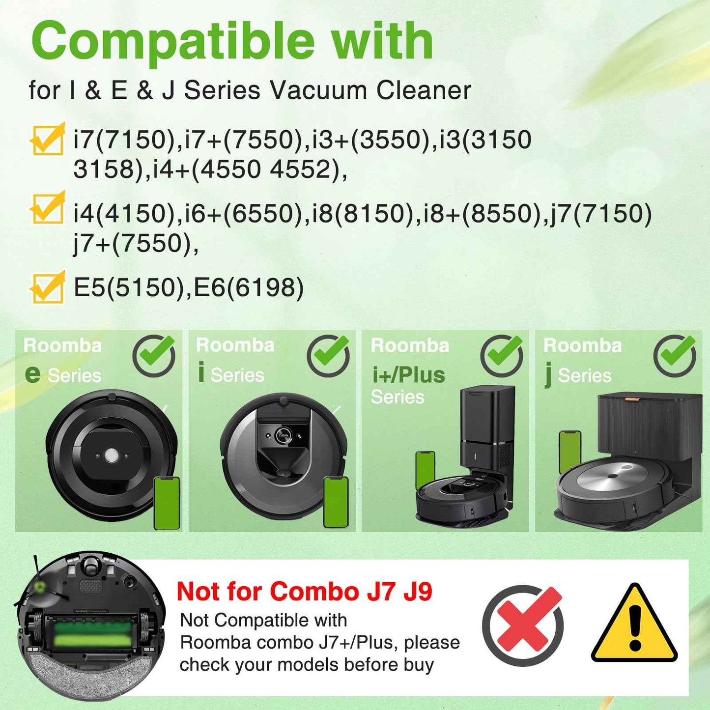 Replacement Parts for iRobot E, I & J Series, Combo i5, j5 Robot Vacuum Accessories Kit Include: 2 Set of Multi-Surface Rubber Brushes + 8 HEPA Filters + 8 Edge-Sweeping Brushes