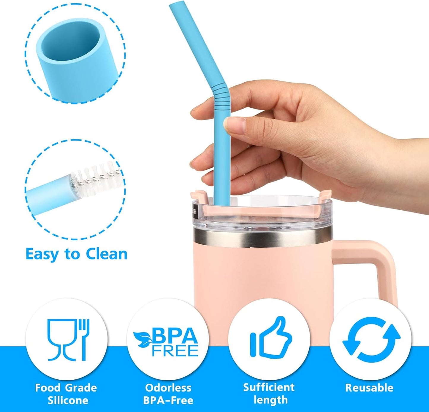 XANGNIER Extra Long Silicone Replacement Straws - 14” Pastel Color for Stanley 40 oz Cup | 6 Pack with Cleaning Brush
