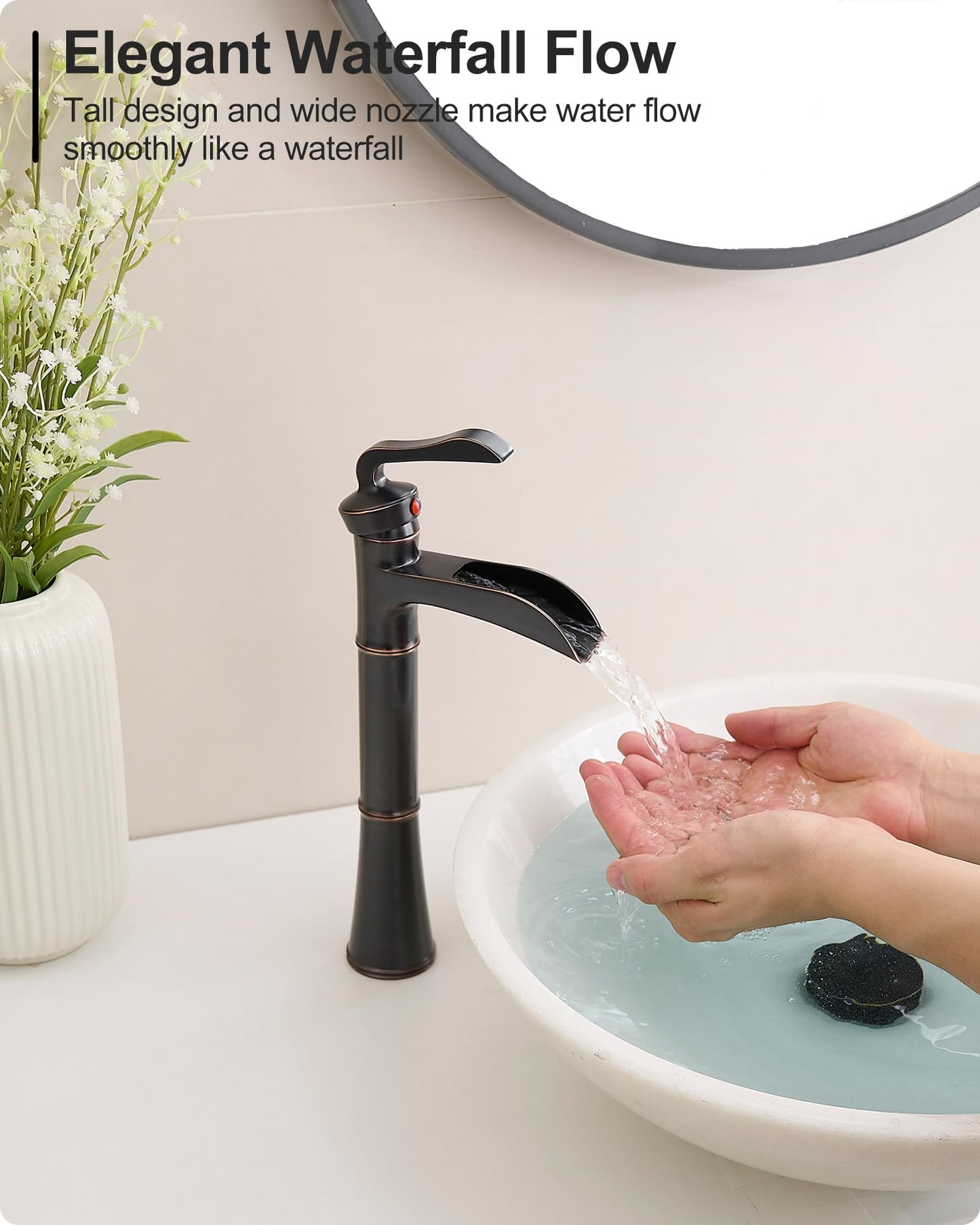 HEYMYTAP Tall Vessel Sink Faucet, Oil Rubbed Bronze Bathroom Faucet Waterfall Bathroom Faucets One Hole, Brass Bathroom Sink Faucet Single Handle with Pop-Up Drain & Water Hoses, 5 Mins Install