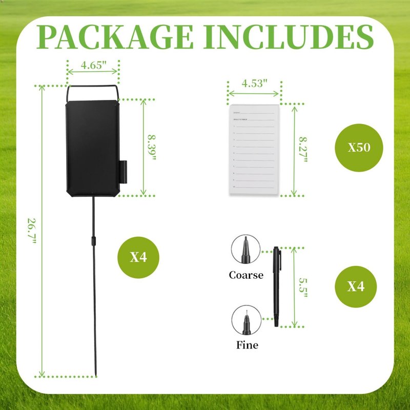 ZSHIGANMA 4 Pack Steel Longest Drive and Closest to the Pin Marker, Golf Metal Proximity/Course Distance/Fairway Distance Markers with 50 Sheets Cards and 4 Pens, for Outdoor Golf Tournament Signs