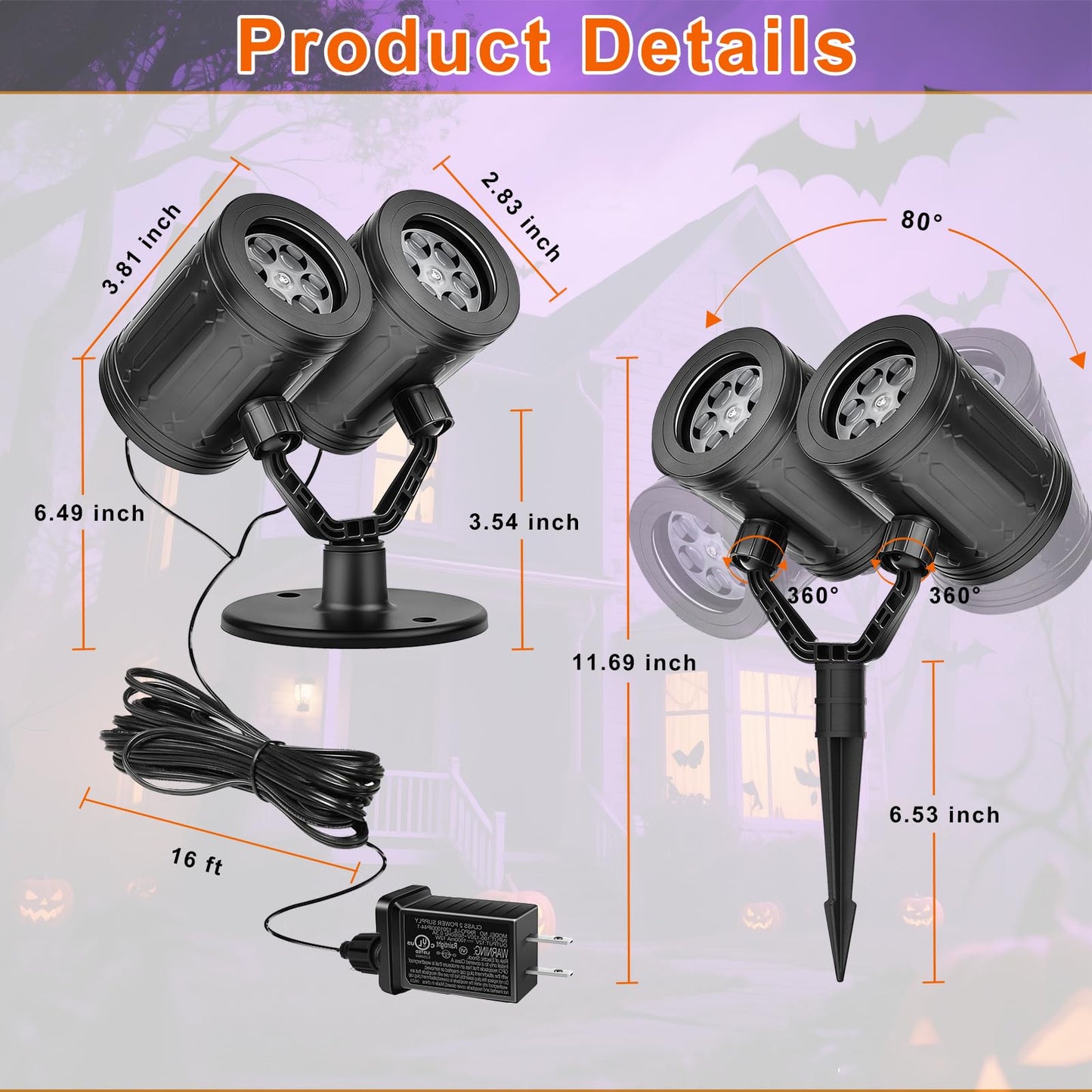 Nielfoi Upgraded Halloween Projector Lights Outdoor, Double Head Dynamic Projector Lights Indoor, 360° Rotating Waterproof Pumpkin Ghost Skeleton Bats Projection Light for Yard Window Party Decor