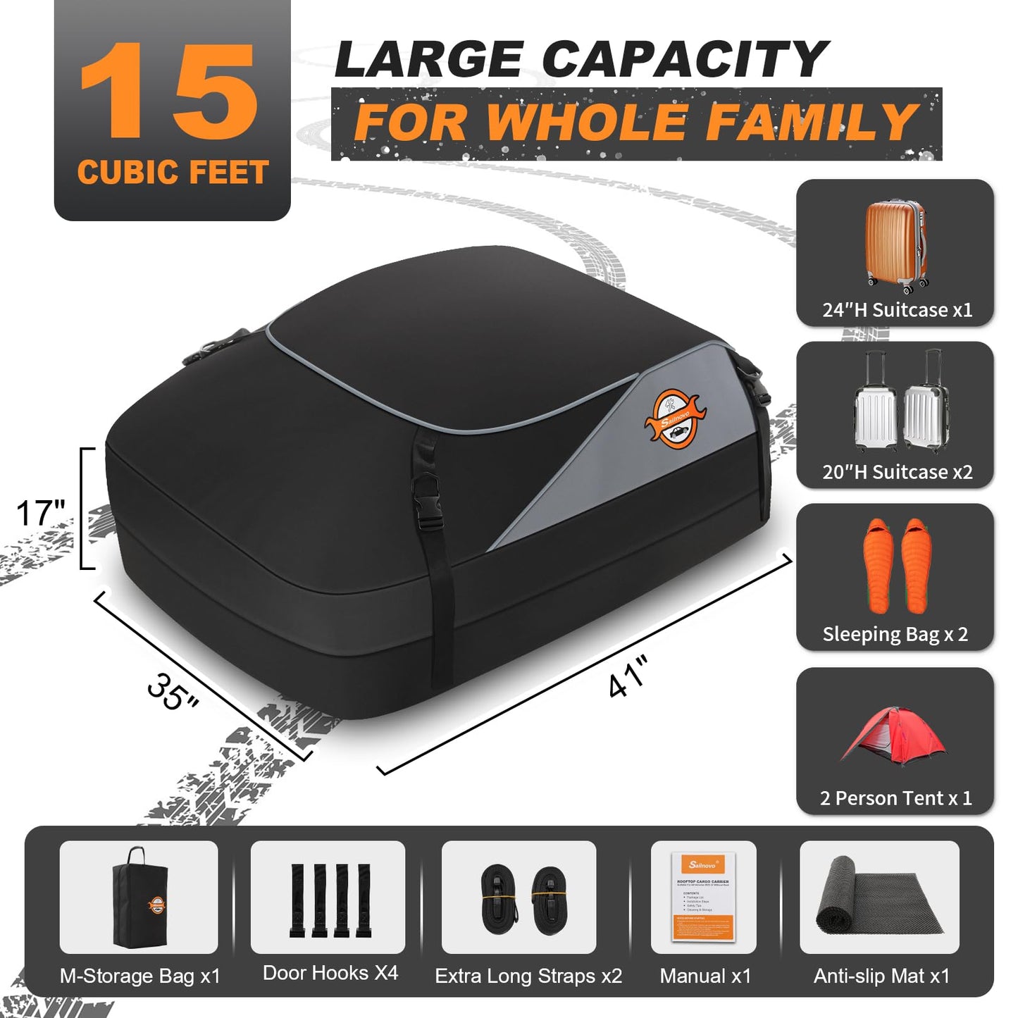 Sailnovo Rooftop Cargo Carrier 15 Cubic Car Roof Cargo Carrier Soft-Shell for Top of Vehicle, Waterproof Roof Bag Includes 4 Door Hooks + Storage Bag for Vehicles with/Without Roof Luggage Racks