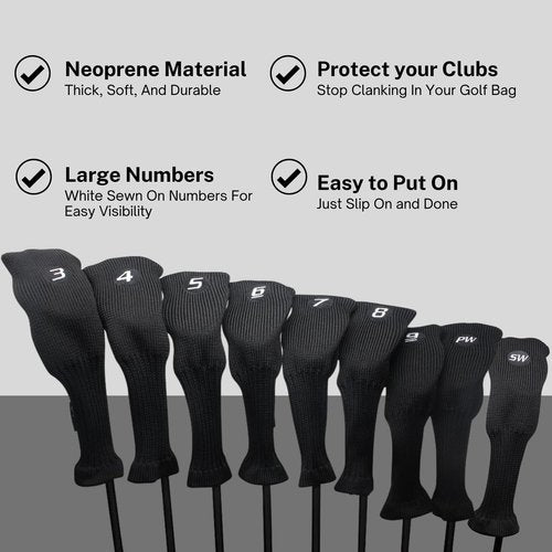 Majek All Hybrid Golf Club Black Sleek Tight Fit Headcover Set 3-SW Acrylic Head Covers 3 4 5 6 7 8 9 PW SW (Total of 9 Hybrid Head cover Set)