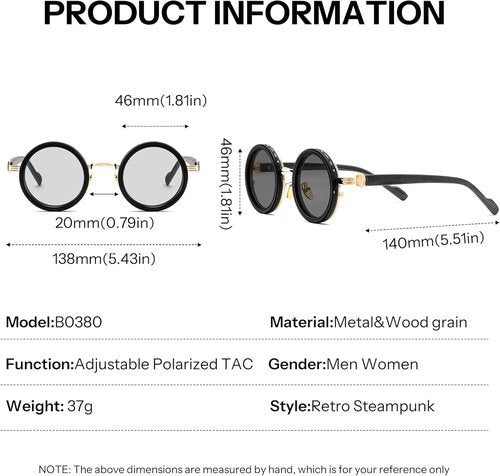 FEISEDY Polarized Sunglasses - Adjustable Manual Dimming, Wood-Grain Temples, UV400 Protection