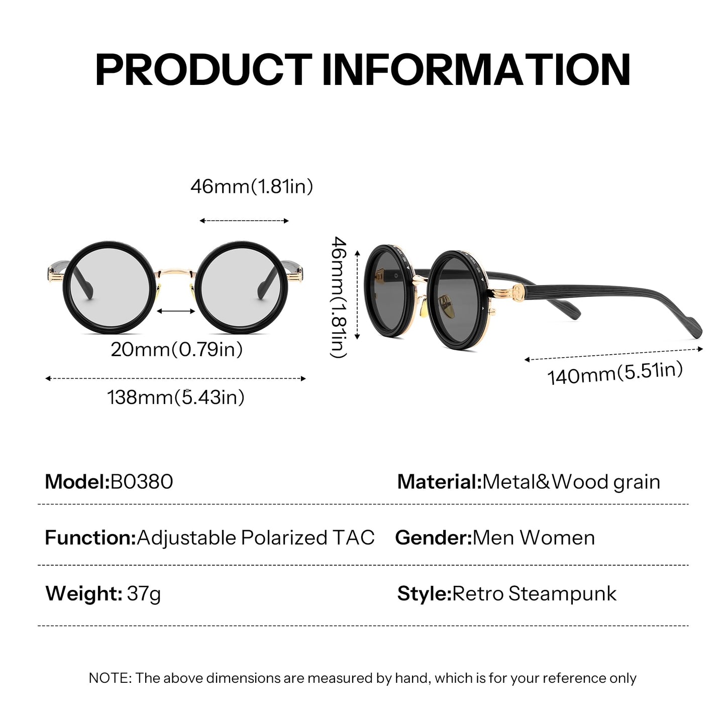 FEISEDY Adjustable Tint Polarized Sunglasses, Wood-Grain Temples, 1-9 Gear Manual Dimming, Steampunk Round ND Filter TAC Lenses UV400 B0380