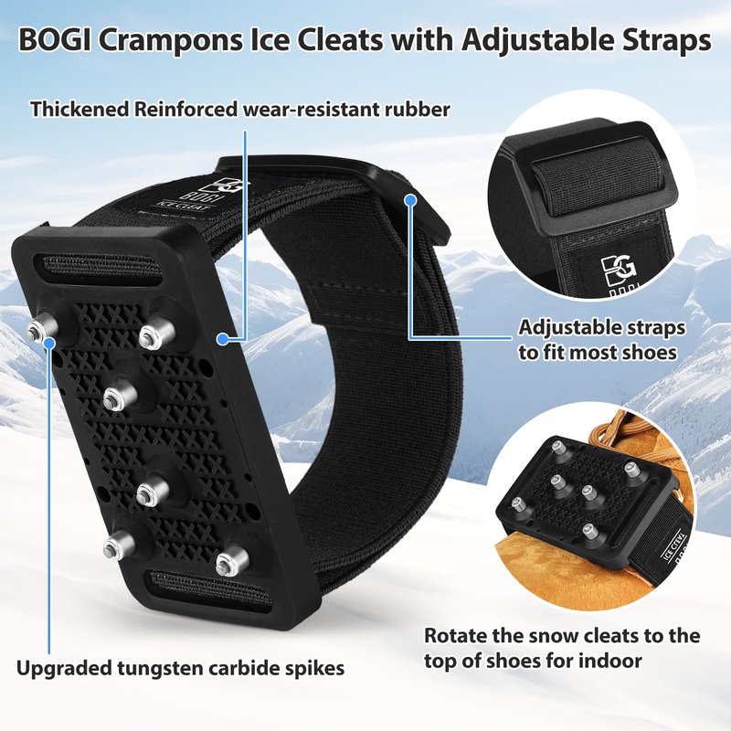 BOGI Ice Cleats Crampons, Rotatable Traction Ice Cleats for Shoes and Boots with Tungsten Studs Ice Grippers for Shoes with Adjustable Straps for Men Women in Winter Indoor/Outdoor