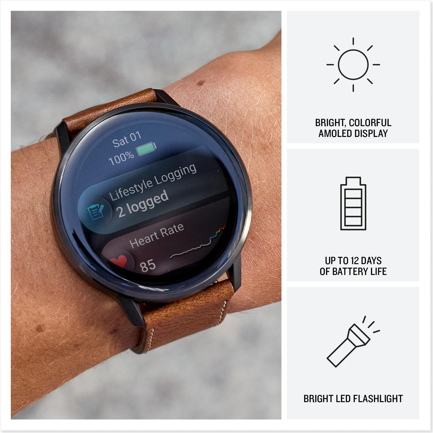 Garmin Venu® 4, 45mm, Advanced Health and Fitness GPS Smartwatch,Bright Colorful Display,Built-in Flashlight,12 Days of Battery Life, Slate with Black Silicone and Brown Leather Band - 2 Bands