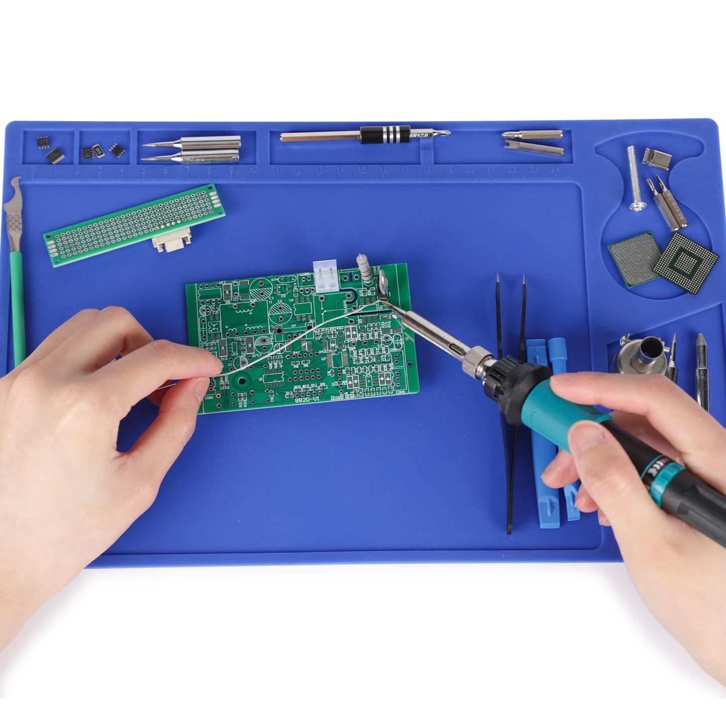 YIHUA M150 Heat-resistant Soldering Mat with Multiple Storage Slots, Built-in Ruler, Bendable Soft Silicone Soldering Mat, Dimensions 12.99 * 8.23 * 0.12 inches (330 * 209 * 3mm)