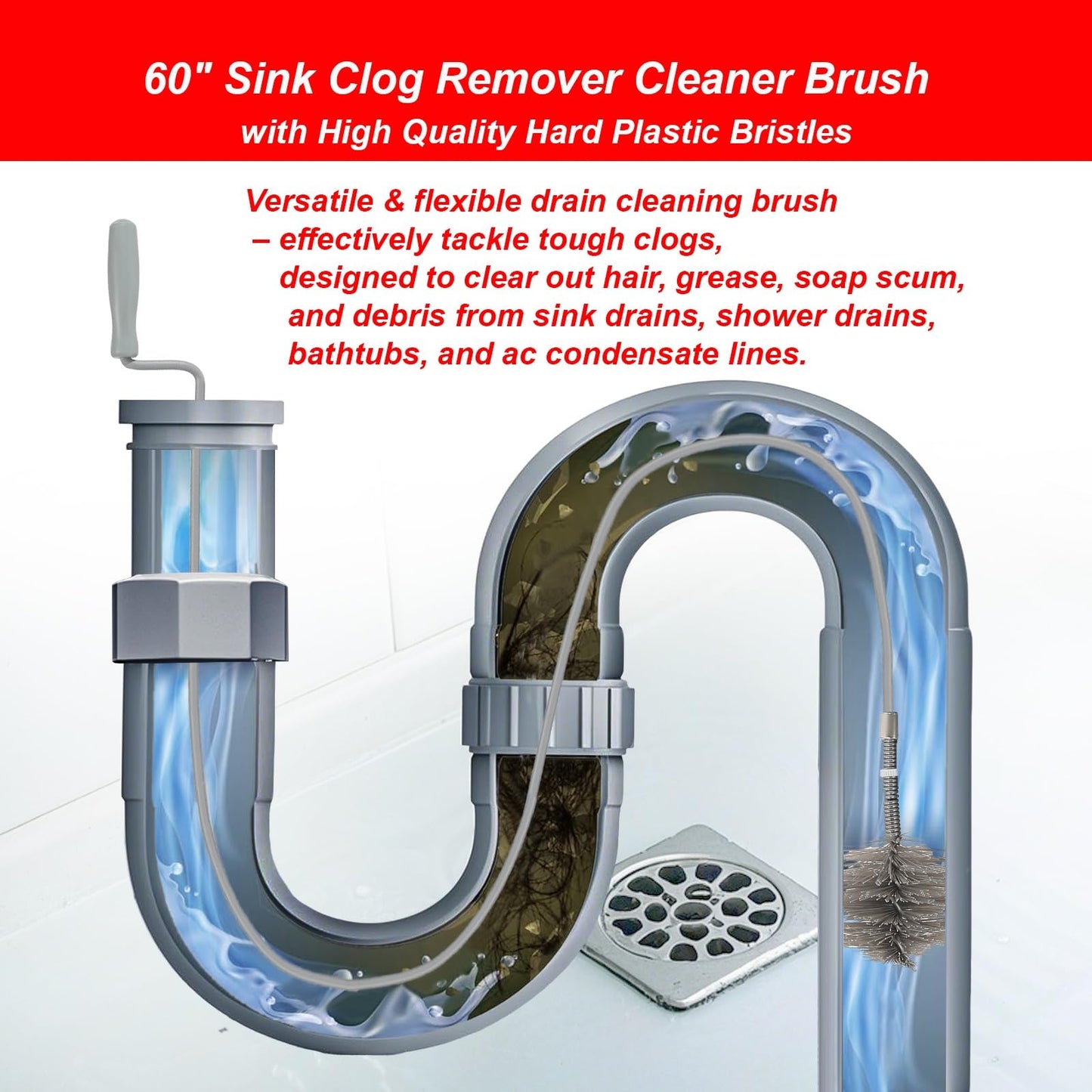 JOYFUL&HOPEFUL Drain Clog Remover Tool, 60" Stainless Steel Drain Unblocker,40" Snake Remover, 60" Pipe Cleaner Brush,24" Drain Cleaning Snake,5PCS, For Toilet, Kitchen Sink, Bathroom Tub, Sewer
