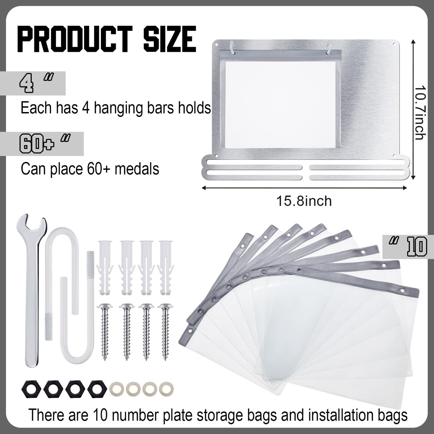Moxweyeni Race Medal and Bib Display Medal Hanger Running Bib Holder Wall Mounted Hanging Rack stands Gifts for Runners(Silver,15.8 x 10.7 Inch,Stylish)