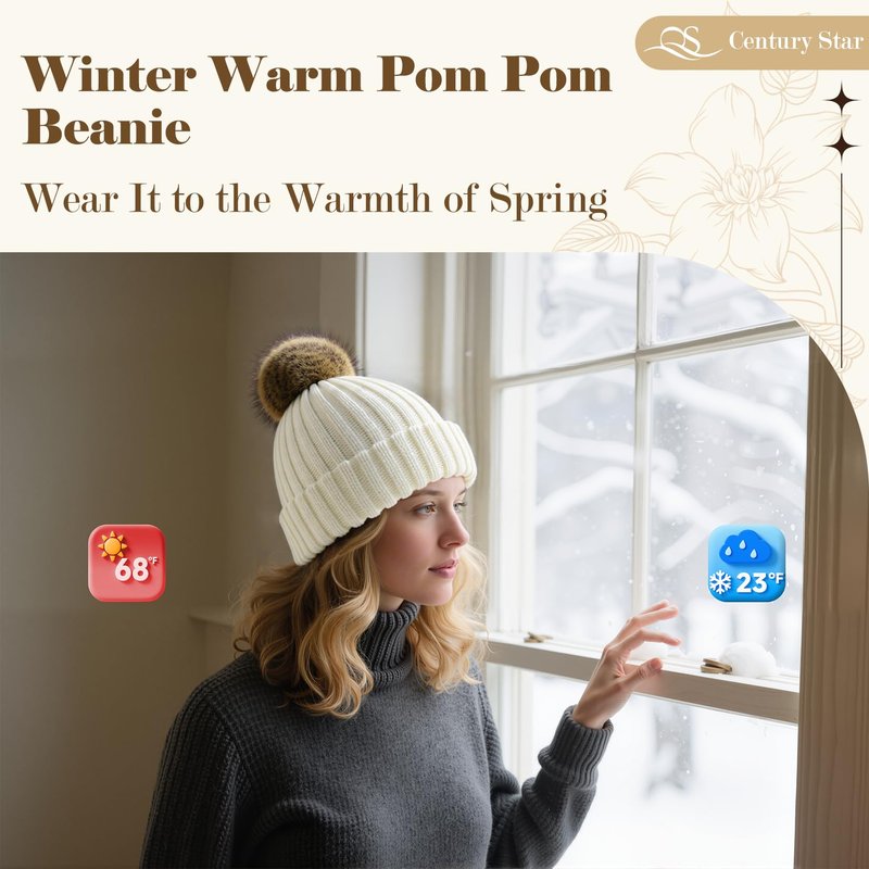 Century Star Womens Satin Lined Winter Beanie with Detachable Faux Fur Pom Pom, Warm Knit Cuffed Hat for Cold Weather Black One Size