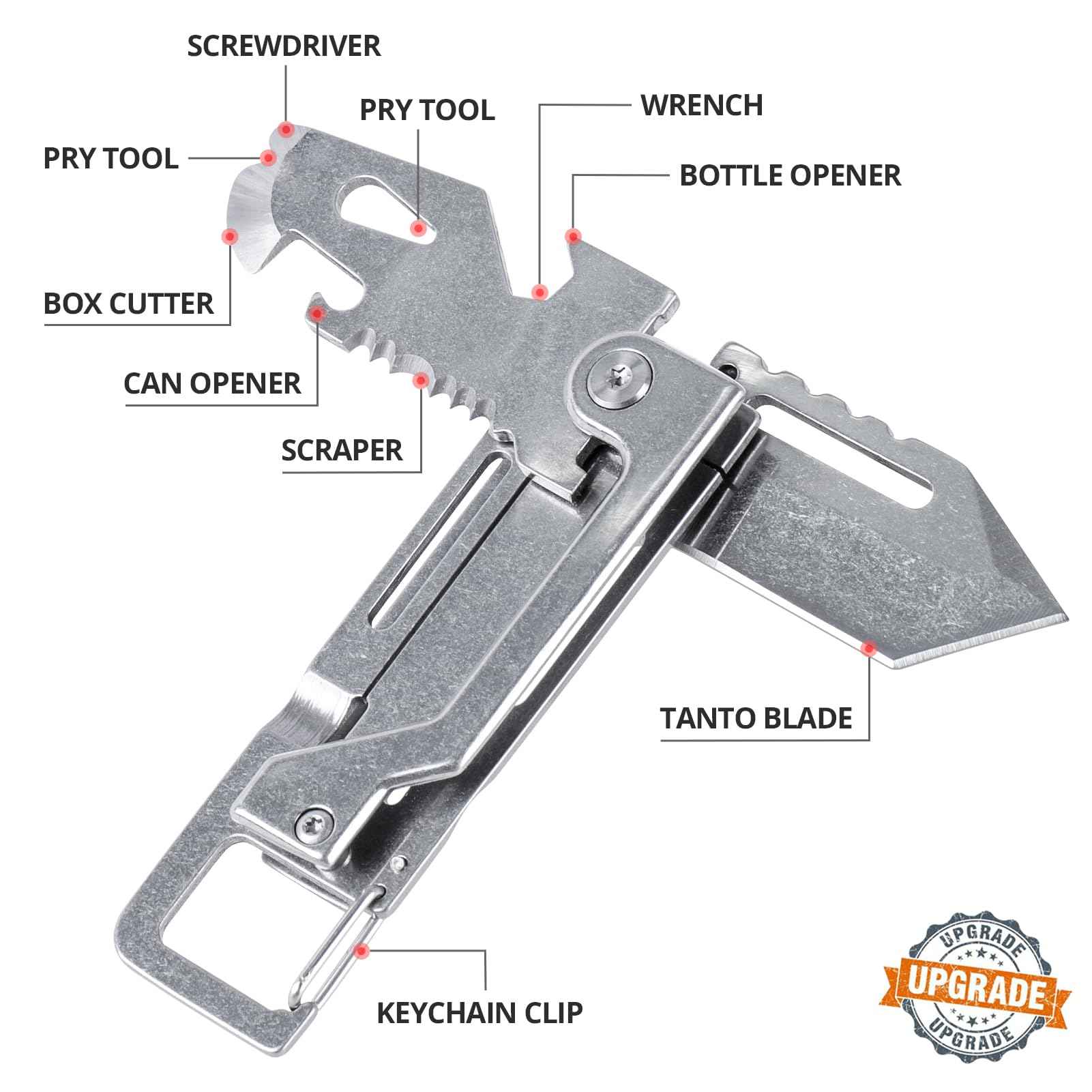 EDCFANS Keychain Multitool Knife, Multi Tools Keychains, Fathers Day Dad Gifts for Men, Tanto Pocket Knives with Clip, Bottle Opener, Box Cutter, Pry Bar, Screwdriver Wrench, EDC Hiking Camping Gear