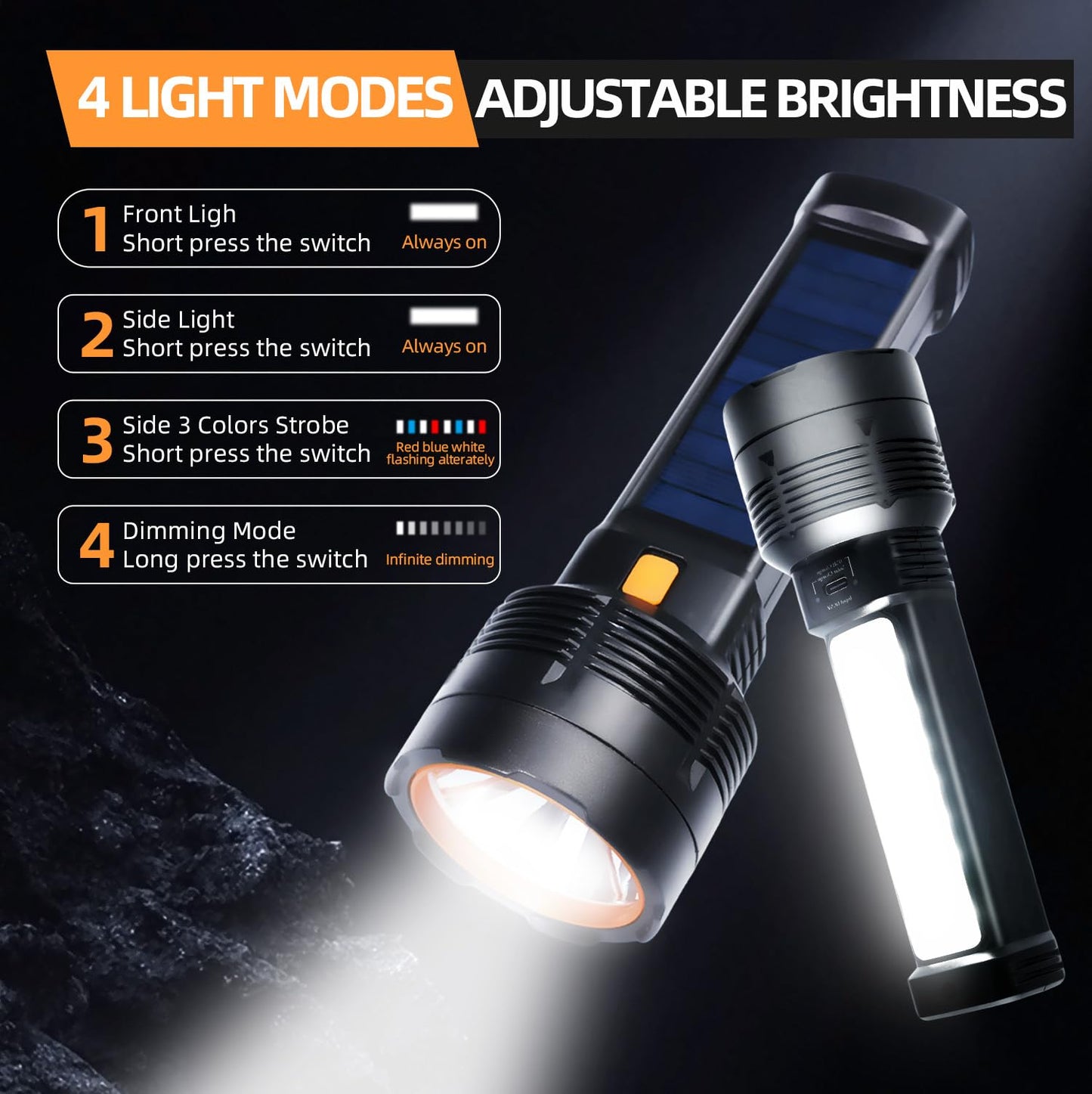 2 Pack LED Rechargeable Flashlight - 100000 Lumens Super Bright Solar Flashlights, Compact & Waterproof Flash Light for Home, Camping,Hiking, Emergencies, Adventures