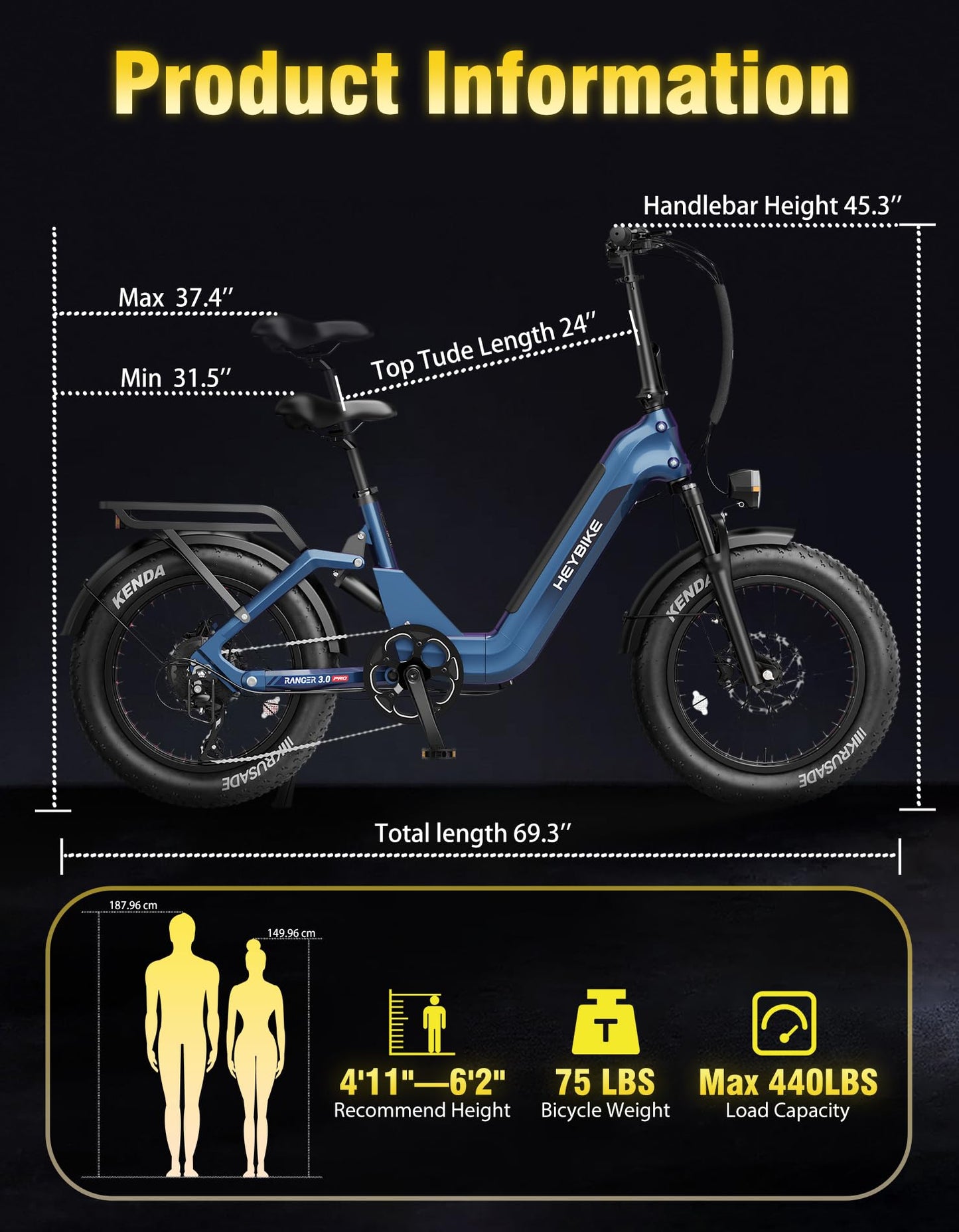 Heybike Ranger 3.0 Pro 20"*4 Foldable Electric Bike, 90Miles Long Range E Bike, 1200W Peak Motor 28MPH, 720WH Removable Battery E-Bike, NFC Unlock,Fat Tire Step-Thru Ebike