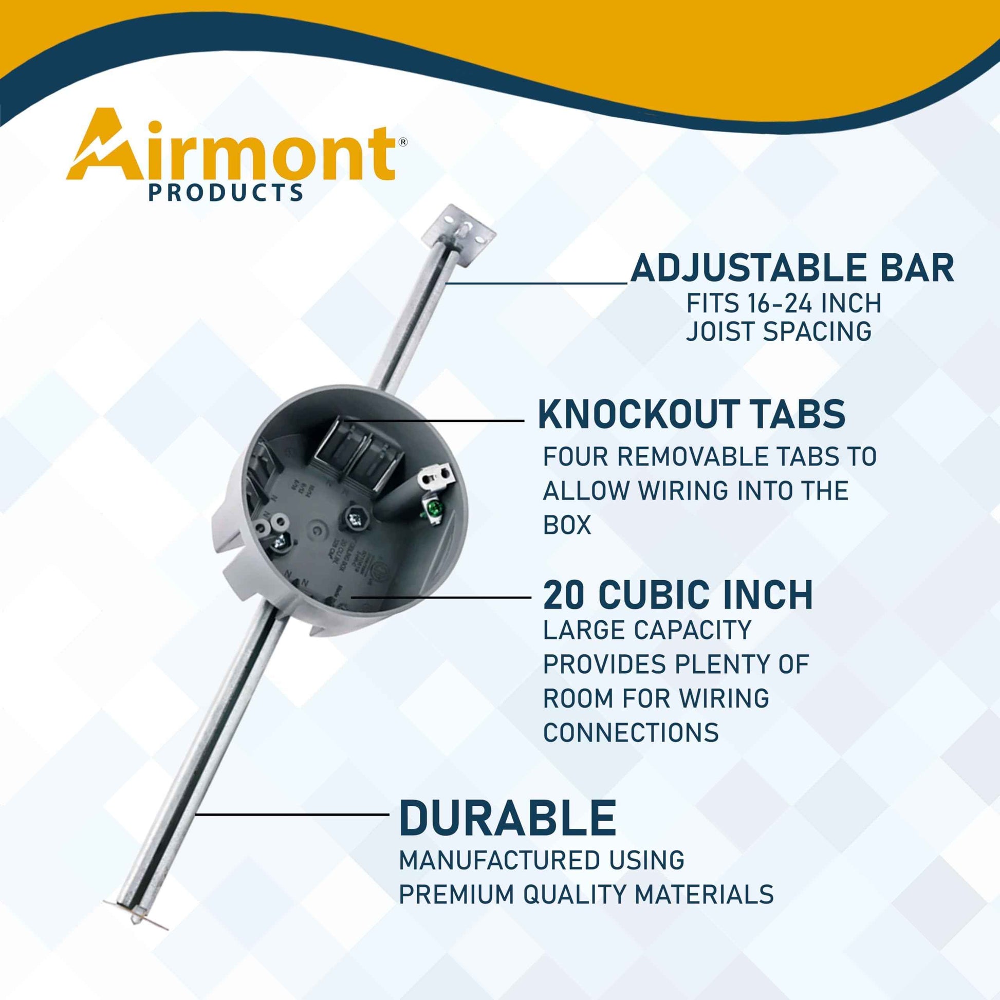 Round PVC Electrical Box with Adjustable Bar, for New Work, Bar Adjusts from 16 to 24 Inches, Grey Fixture Box, 20 Cubic Inch Capacity, Supports Up to 50 lbs., for Non-Metallic Sheathed Cable