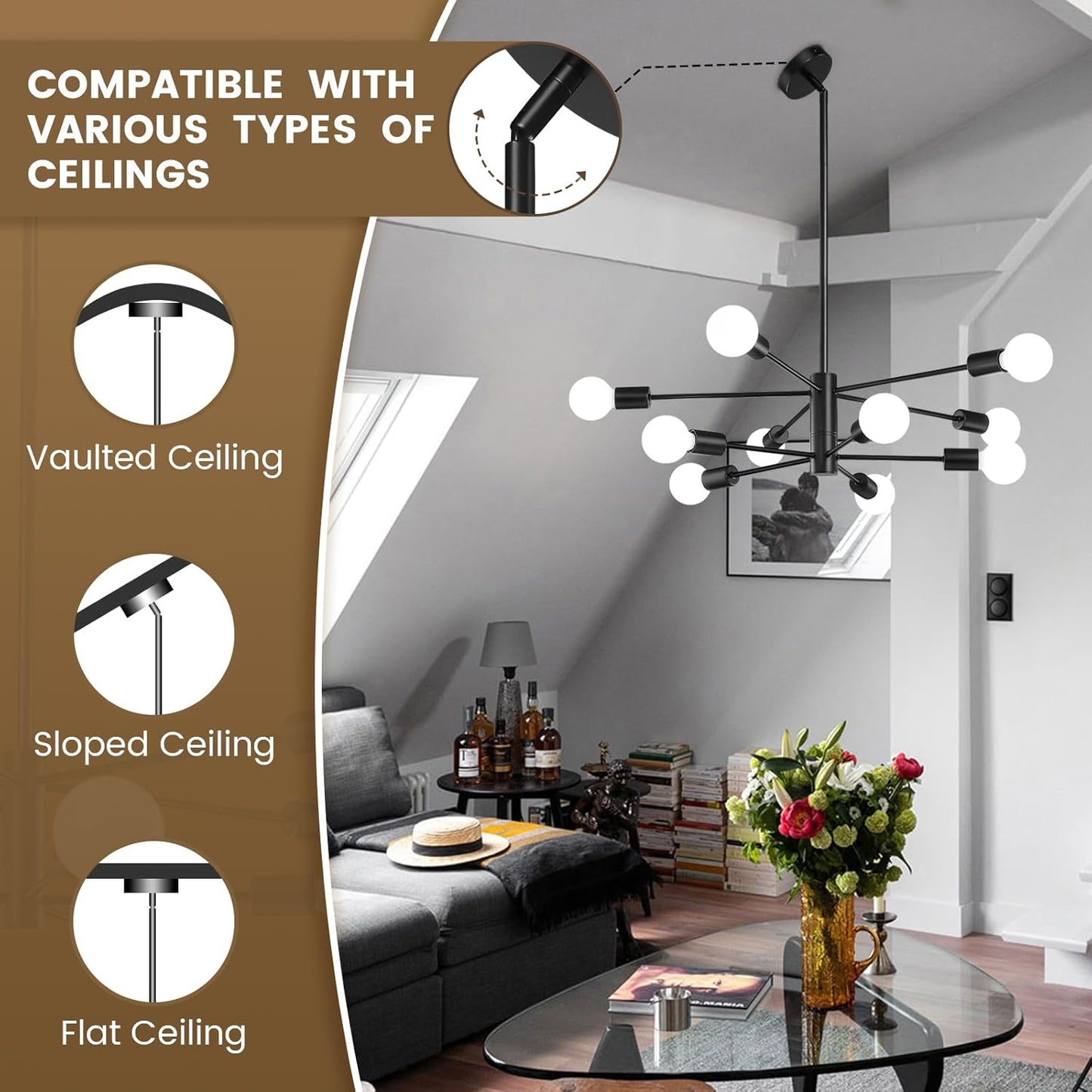 8-Light Gold Sputnik Chandelier - Modern Adjustable Ceiling Light for Dining Room, Kitchen & Foyer