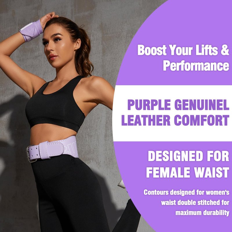 Weight Lifting Belt 4 inch Leather Belt Foam Padded Back Support Gym Belt for Bodybuilding Squat Deadlift Weightlifting Belt Women Free Wrist Wrap(Purple/XS)