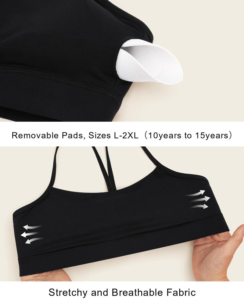 Stelle Girls Sports Bra Training Bra Spaghetti Strap Y Back Bra Yoga Crop Top for Teens Kids(Black,L)