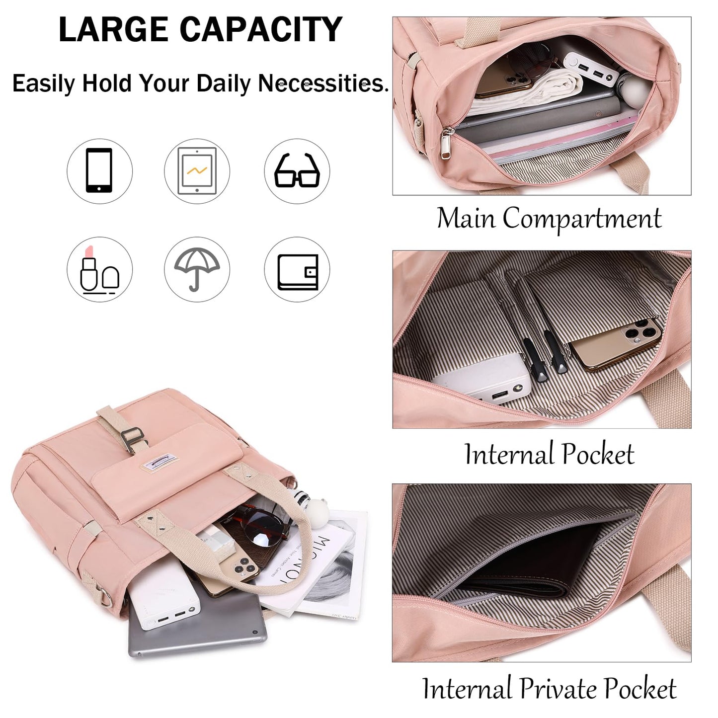 KYALOU Medium Tote Purse Bag for Women, Nurse Bag for Work, Teacher Tote Bag, Waterproof Nylon Shoulder Crossbody Handbag for Travel Gym Beach Schoool - Pink