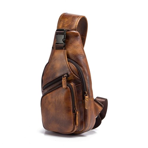 Le'aokuu Men Fashion Casual Tea Designer Travel Hiking Crossbody Chest Sling Bag Rig One Shoulder Strap Bag Men Leather 8015 (Gold)