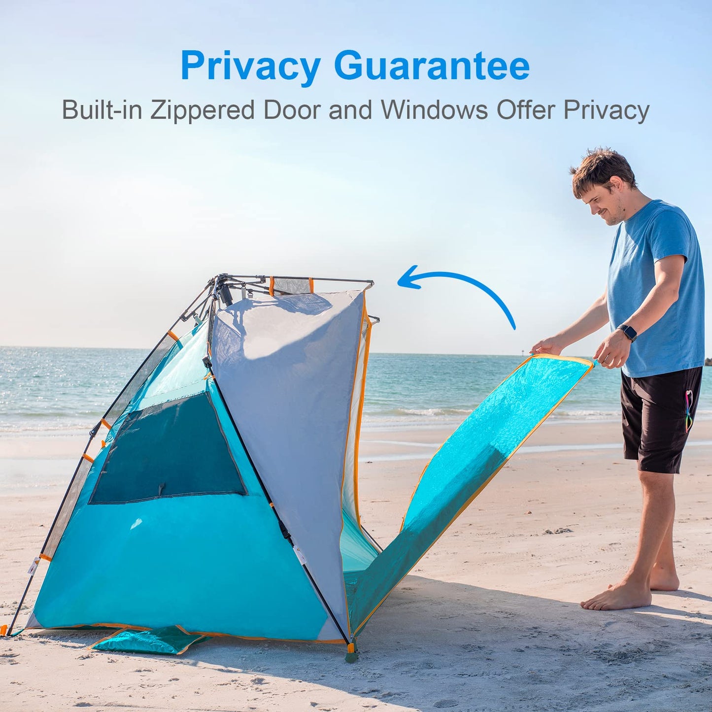 Wolfwise Instant Beach Tent Sun Shelter with Zippered Extendable Porch for Privacy, Portable with Carrying Bag, Easy Setup Pop up Beach Shade for 3-4 Person, 85 x45x49 IN, Blue