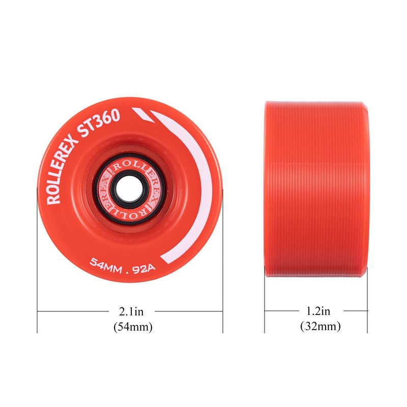 Rollerex ST360 92A 54mm x 32mm Roller Skate Wheels (8-Pack w/Bearings, Spacers and Washers) (Color Options) - Indoor Outdoor - Use for Quad Skate Wheel Replacement (Rocket Red)