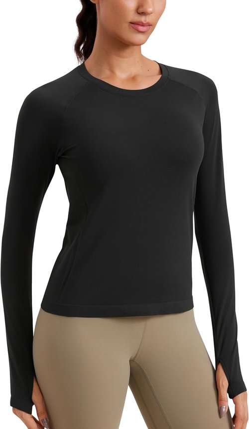 CRZ YOGA Seamless Long Sleeve Shirts for Women - Breathable Workout Tops | Waist Length Athletic Crewneck
