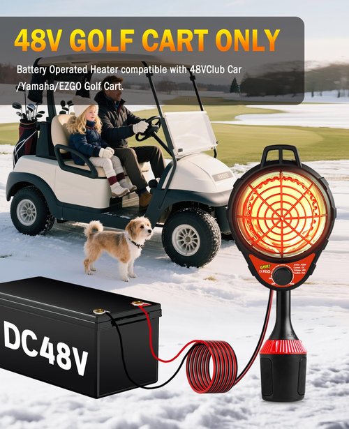 UNIGT 48V Golf Cart Heater Electric with Infinite Temperature Adjustment, 400W 2-Second Fast Heating Battery Operated Heaters Carbon Fiber for Club Car/Yamaha/EZGO, Golf Cart Accessories - Red