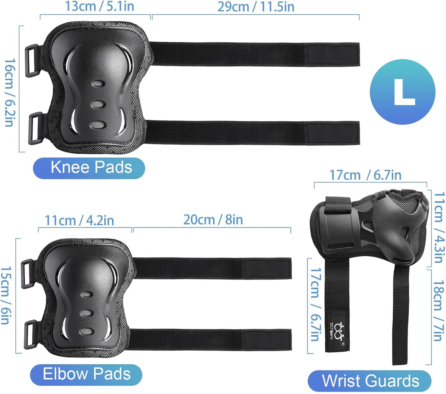 Skiennix Protective Gear Set - Kids/Youth/Adult Knee Pads, Elbow Pads & Wrist Guards | 6 Pack for Roller Skating, Skateboarding & Cycling