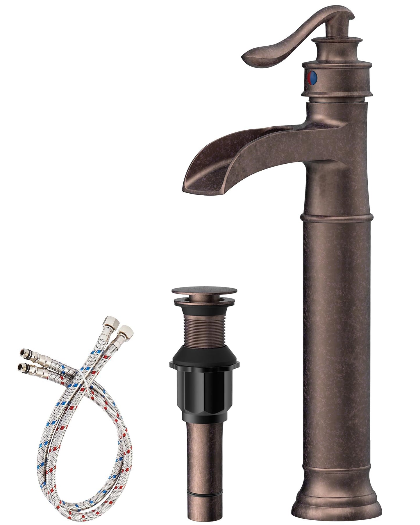 Vessel Sink Faucet Copper Tall Bathroom Faucets Waterfall Single Handle 1 Hole Farmhouse Antique with Pop up Drain Assembly and Supply Lines Mixer Tap Without Overflow Counter Top