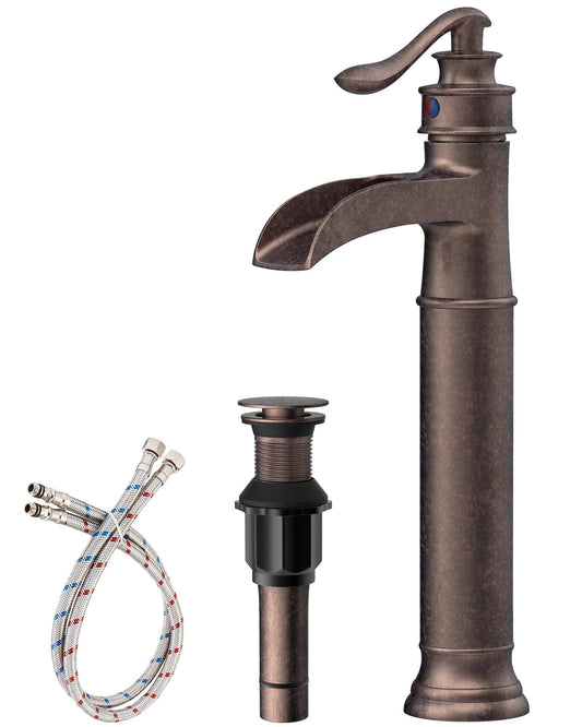 Vessel Sink Faucet Copper Tall Bathroom Faucets Waterfall Single Handle 1 Hole Farmhouse Antique with Pop up Drain Assembly and Supply Lines Mixer Tap Without Overflow Counter Top