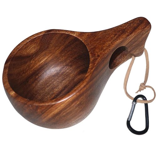 Flimjibg Coffe Mug Portable Wooden Camp Cup with Handle Kuksa Handmade Cool Hot Drinking Viking Mug Unique Natural Wood Grain for Outdoor Travel Hiking Men Women