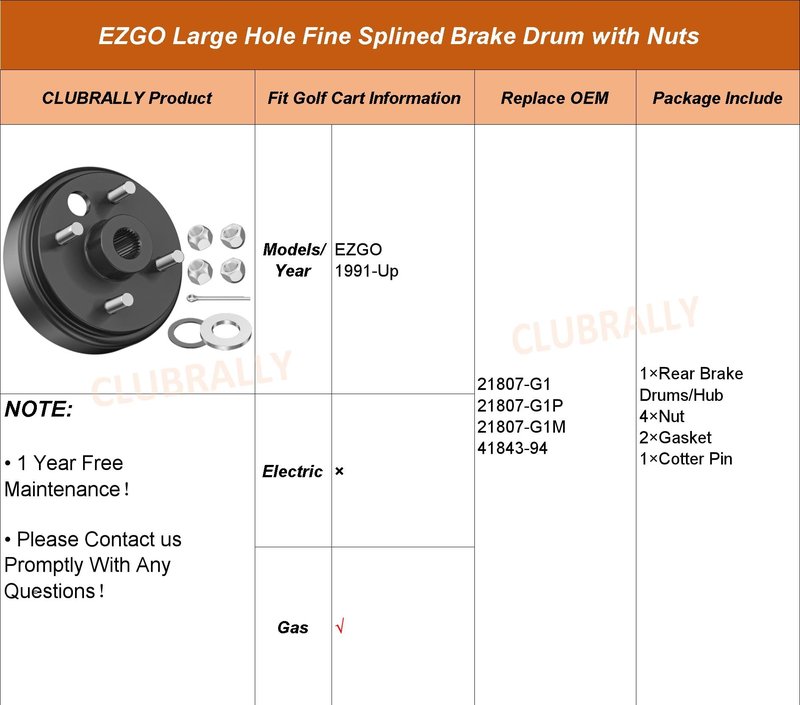 CLUBRALLY Golf Cart Brake Drum, Large Hole Fine Splined Brake Drum Assembly for 1991-Up EZGO and 1996-Up Columbia, OEM#21807-G1, 41843-94（1 PCS）