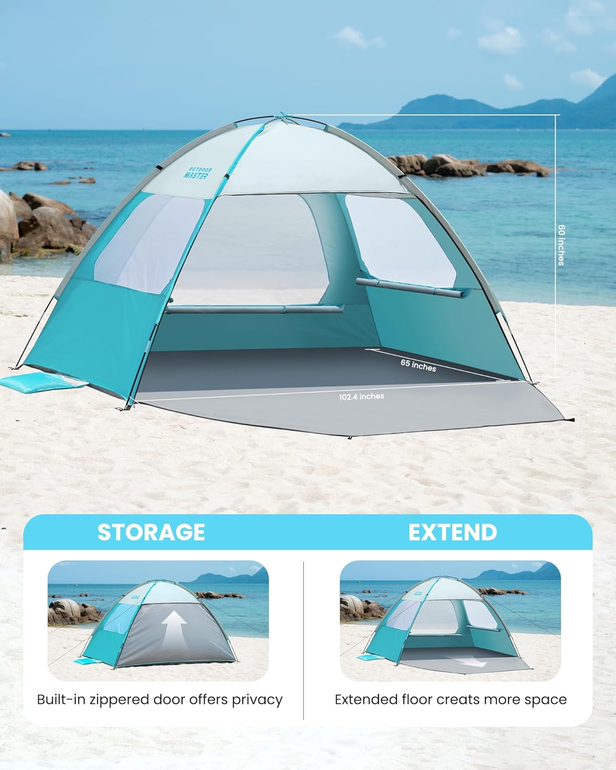 OutdoorMaster Beach Tent - Easy Setup Sun Shade Shelter for 3-8 People | Portable Canopy with UPF 50+ Protection