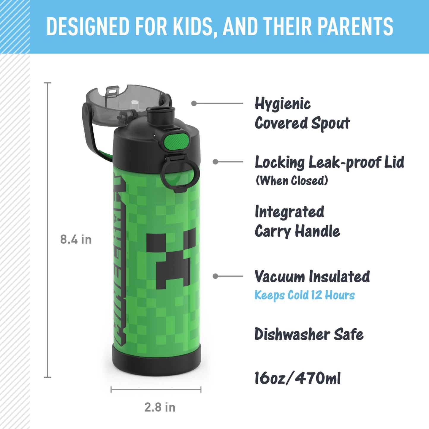 THERMOS FUNTAINER Water Bottle with Spout, 16oz, Minecraft