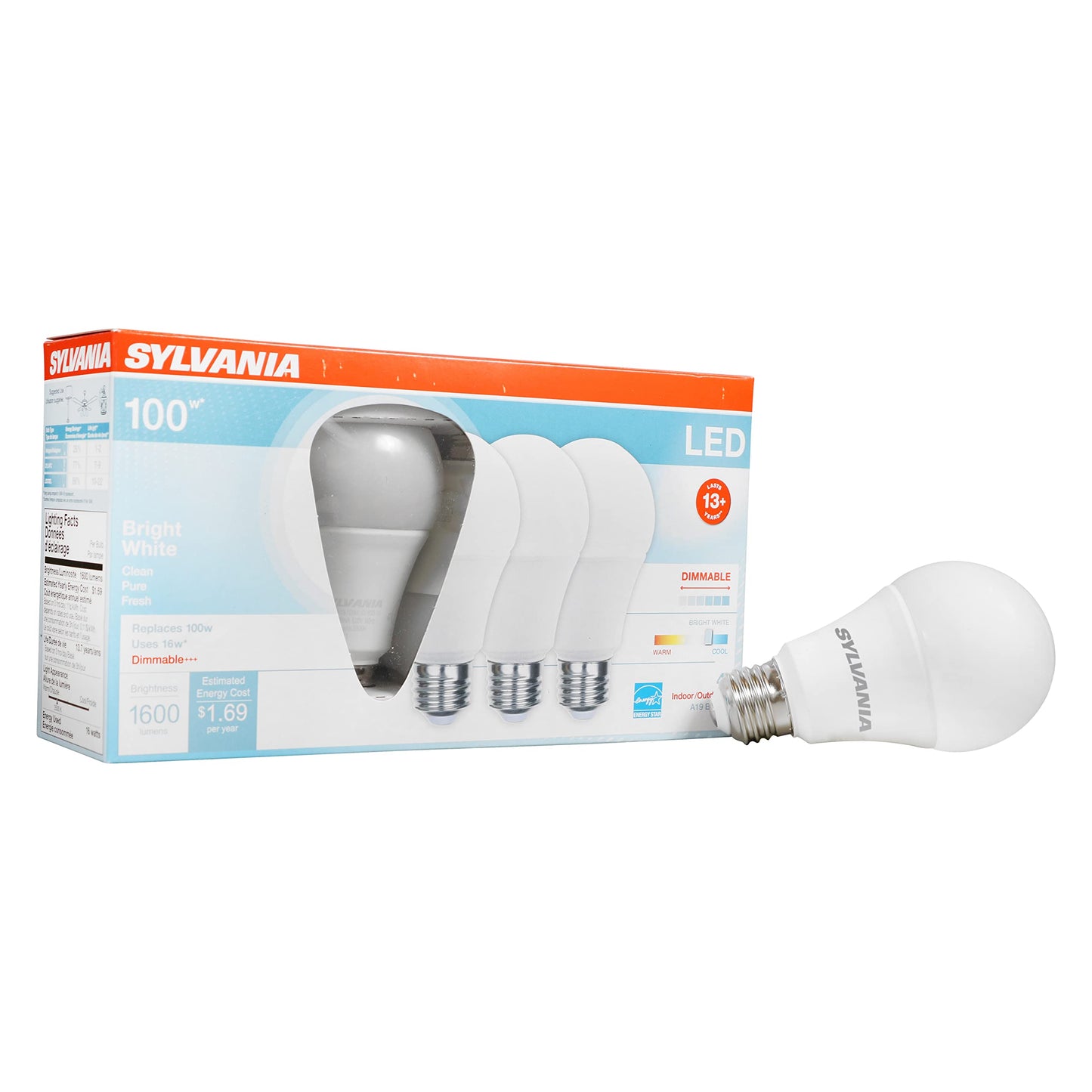 Sylvania A19 LED Light Bulb, 100W = 16W, Dimmable, Medium Base, Frosted Finish, 1600 Lumens, 3500K, Bright White - 4 Pack (40738)